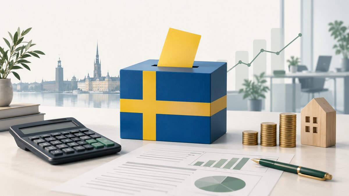 Svensk valurna med kalkylator, ekonomiska diagram och symboler för företagande